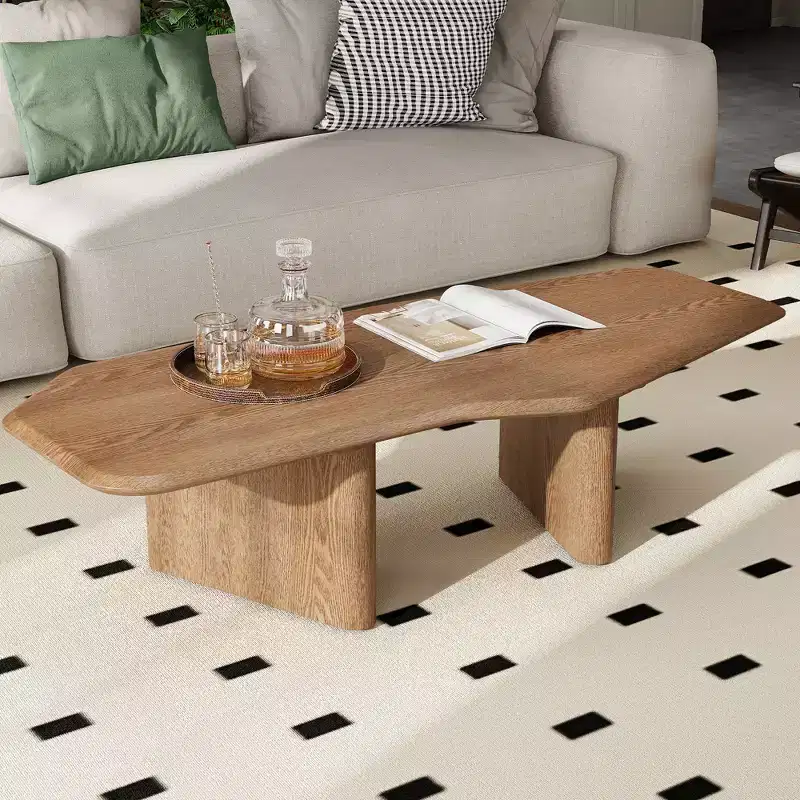 Rustic Wooden Irregular Coffee Table with Double Pedestal