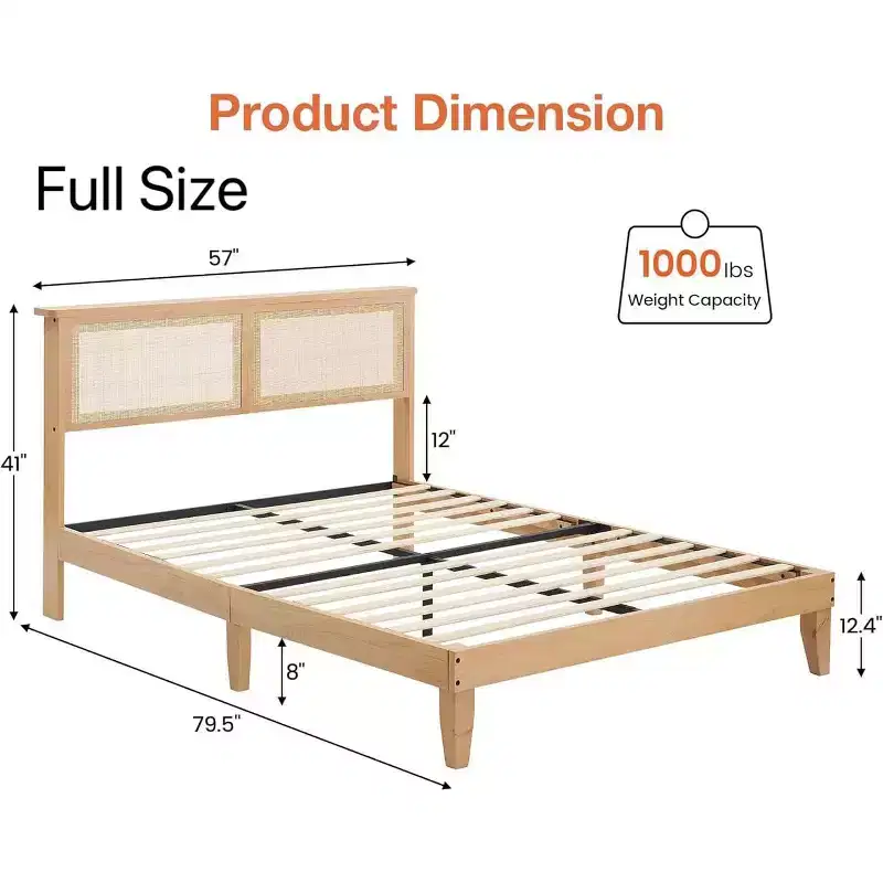 Rattan Bed Frame with Natural Rattan Headboard, Queen Bed Frame with LED Lights, Rattan Queen Bed Frame with Headboard
