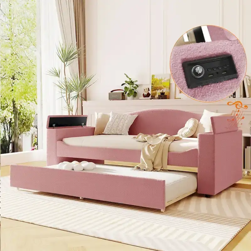 Twin Size UTeddy Fleece Daybed with Storage Armrests andTrundle