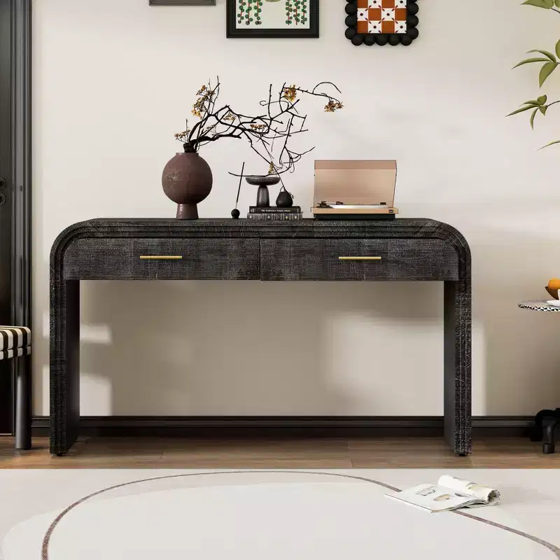 Okak Burl Veneer Console Table with Storage Drawers,Entryway Table with Sturdy Legs & Metal Handles,Foyer Table for Hallway,Living Room