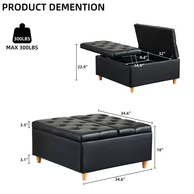 Leather Storage Ottoman Coffee Table with Lift Top, Faux Leather Tufted Upholstered Ottoman Bench for Bedroom Living Room