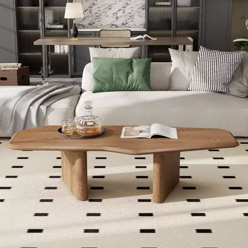 Rustic Wooden Irregular Coffee Table with Double Pedestal