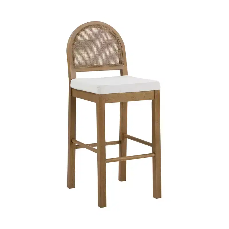 Boucle Counter Height Barstool with Rattan Back, Light Brown, 29