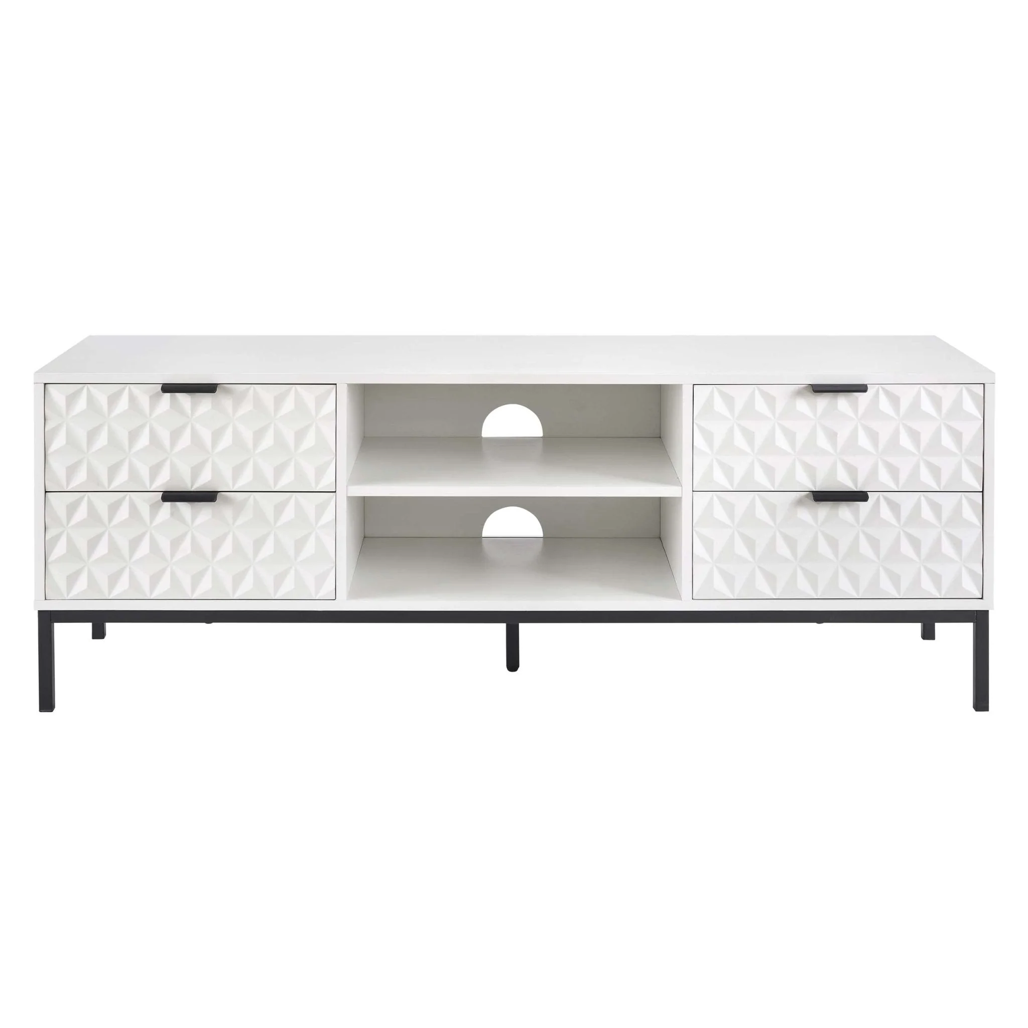 Contemporary White Painted TV Unit with Geometric Pattern for TVs up to 60 Inch for Living Room