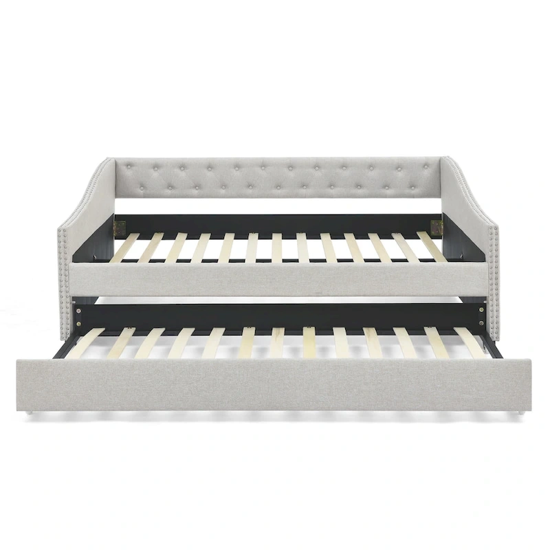 Upholstered Daybed Frame with Trundle & Tufted Backrest