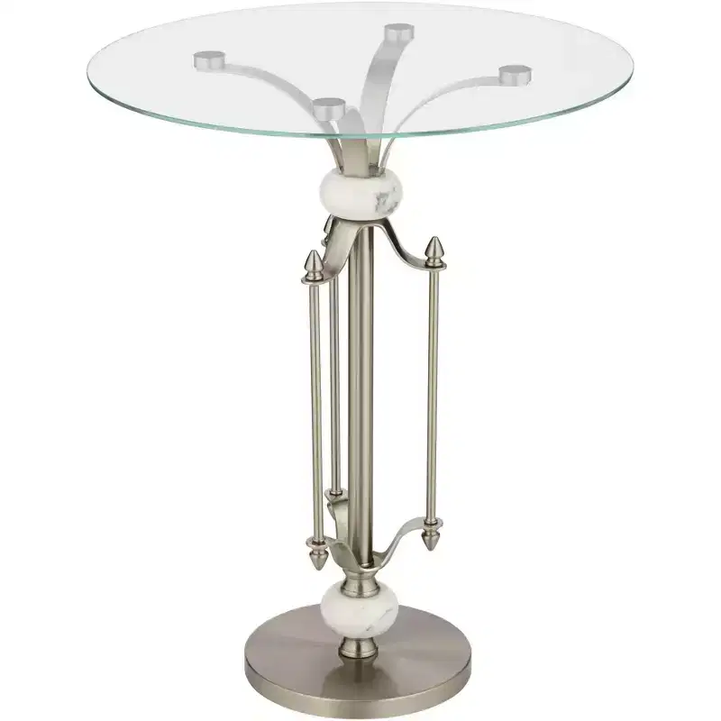 Modern Metal Round Accent Table 20 Wide Brushed Nickel Clear Glass Tray Marble Accents for Living Room Bedroom Bedside Entryway