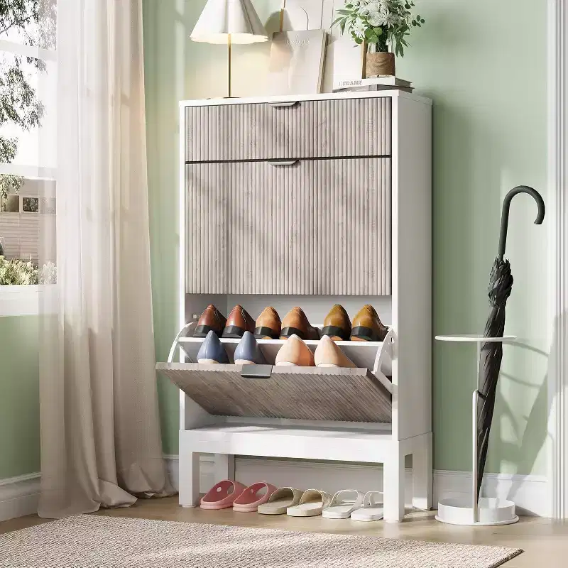 COZONY Flip-Drawer Shoe Cabinet with Fluted Design, Farmhouse Style Slim Shoe Organizer, Freestanding Hidden Shoe Rack for Entryway Hallway