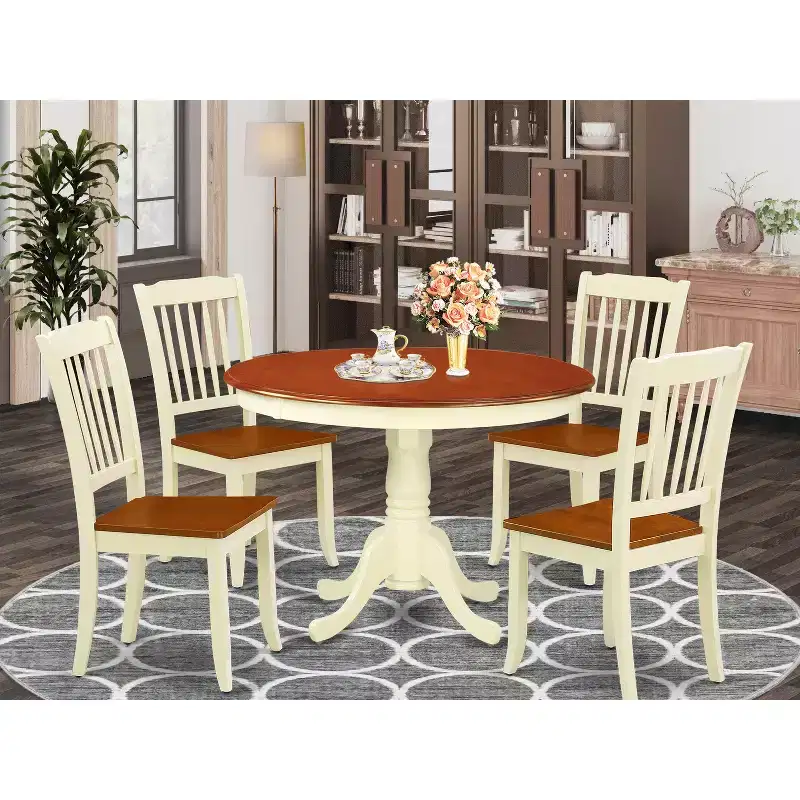 HomeStock Belmont 5PC Round 42 inch Table and 4 vertical slatted Chairs