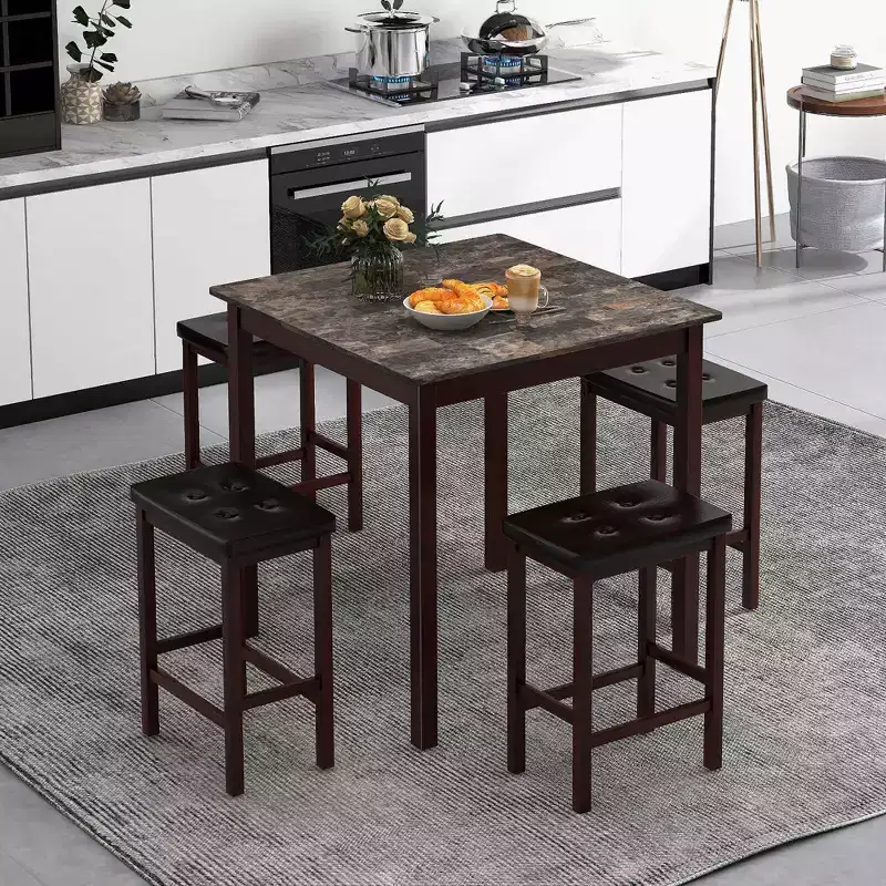 Costway 5 PCS Bar Table Set Square Dining Table & 4 PVC Leather Upholstered Bar Stools Brown/White
