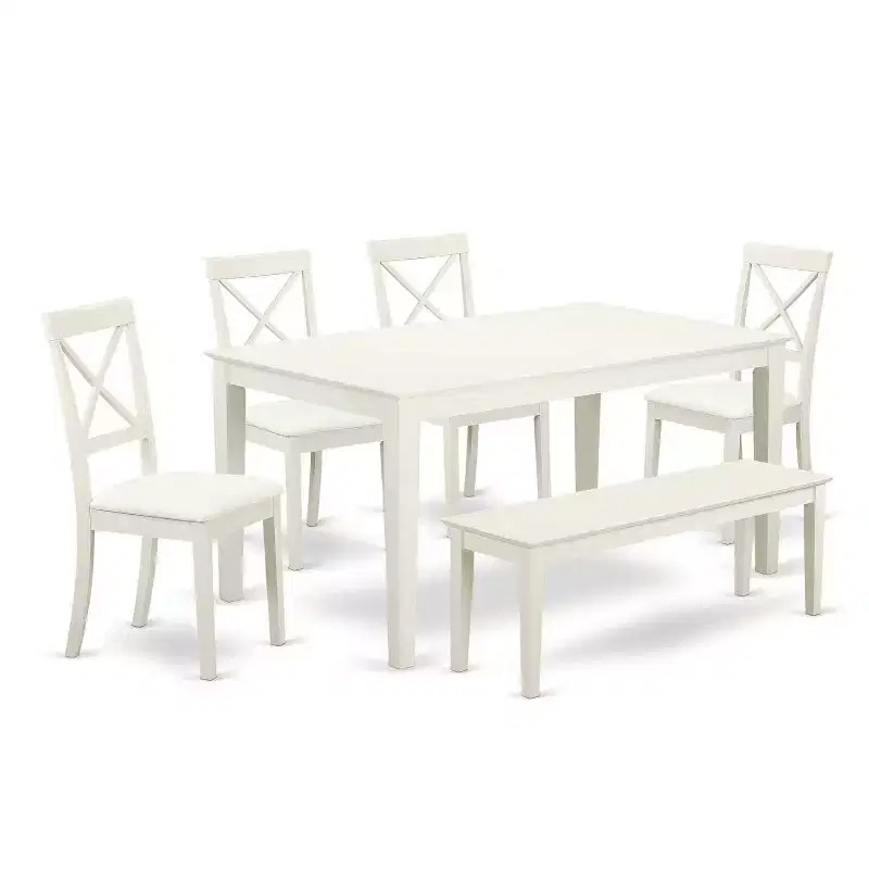 6-Piece Rectangle Dining Table Set with Bench & 4 Chairs, Linen White