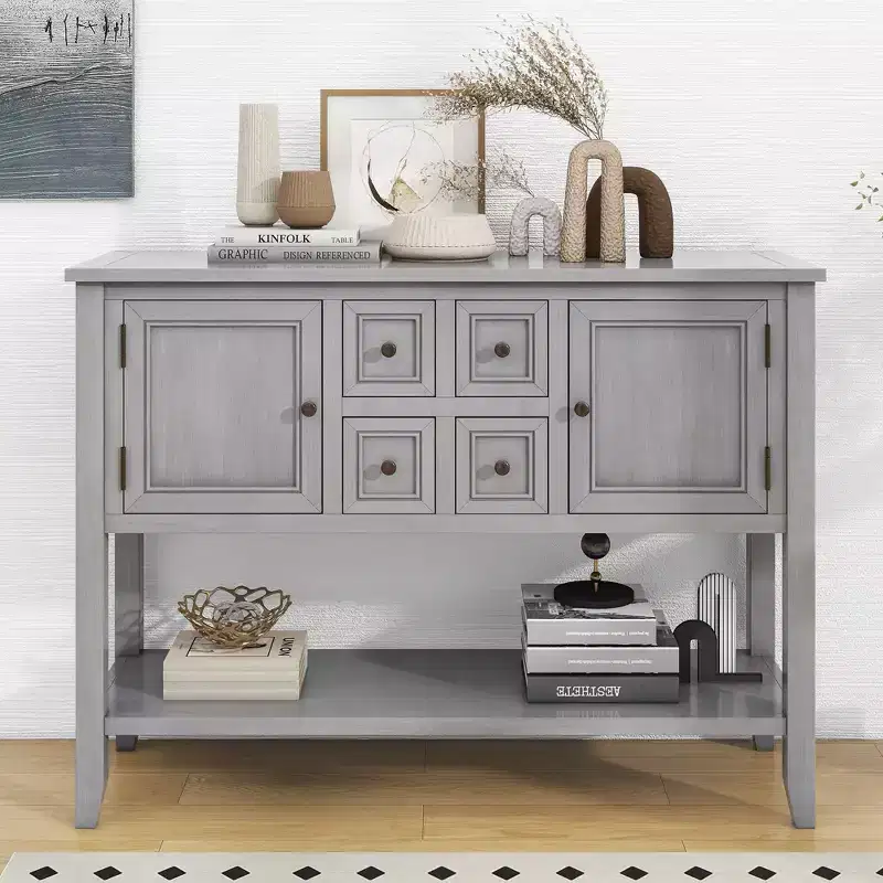 GDFStudio Hannah Vintage 46 Solid Wood Console Table with Cabinets and Bottom Shelf