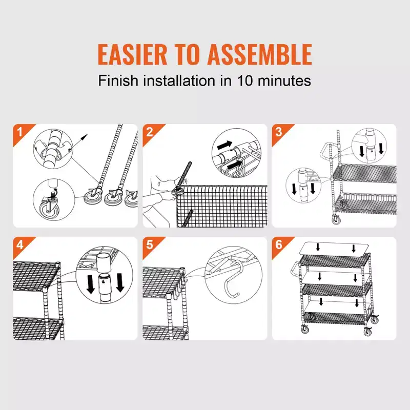3-Tier Wire Rolling Kitchen Utility Cart, 661LBS Capacity, Curved Handle, PP Liner & 6 Hooks