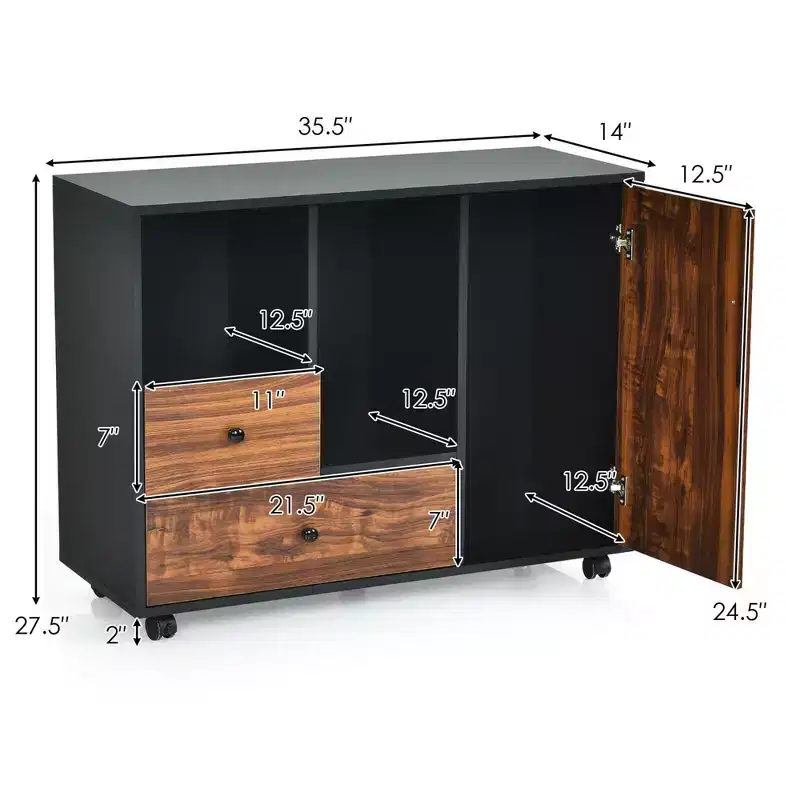 Brown & Black Rolling File Cabinet with 2 Drawers & Open Shelves, 1-Person Assembly