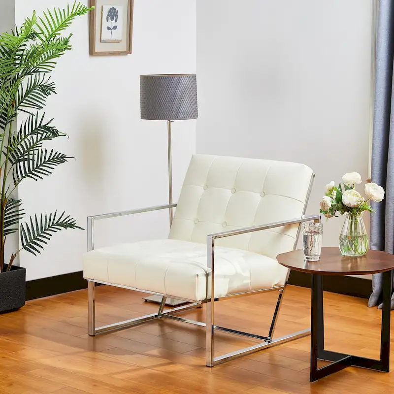 Glitzhome 30.50H Cream Mid-Century PU Leather Tufted Accent Chair with Chrome Plated Frame