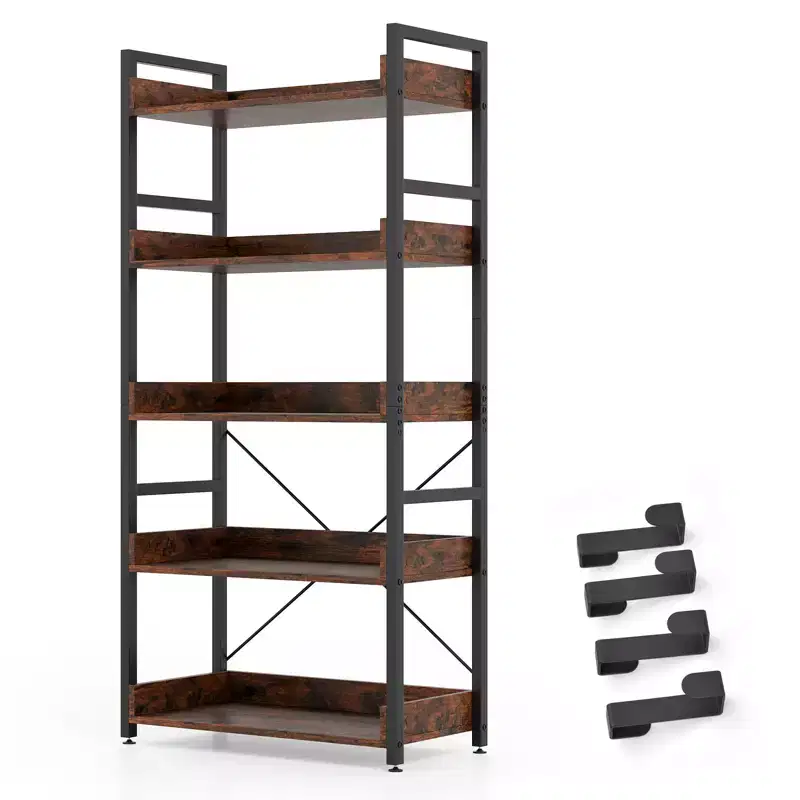 1/2PC 5-Tier Storage Rack w/ Hooks Open Shelves Rustic Wood Grain Design Adjustable Feet Brown+Black