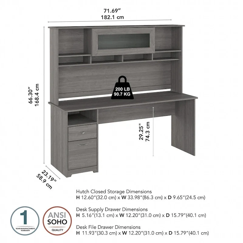 72W Computer Desk with Hutch and Drawers by