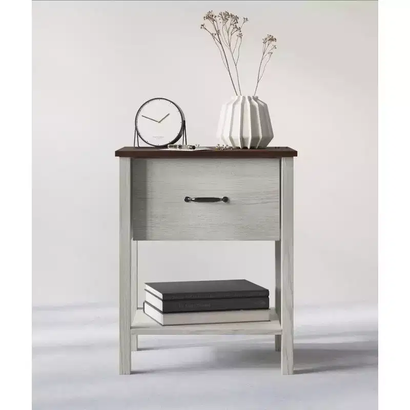 Contemporary Nightstand with Drawer & Open Shelf, White Oak
