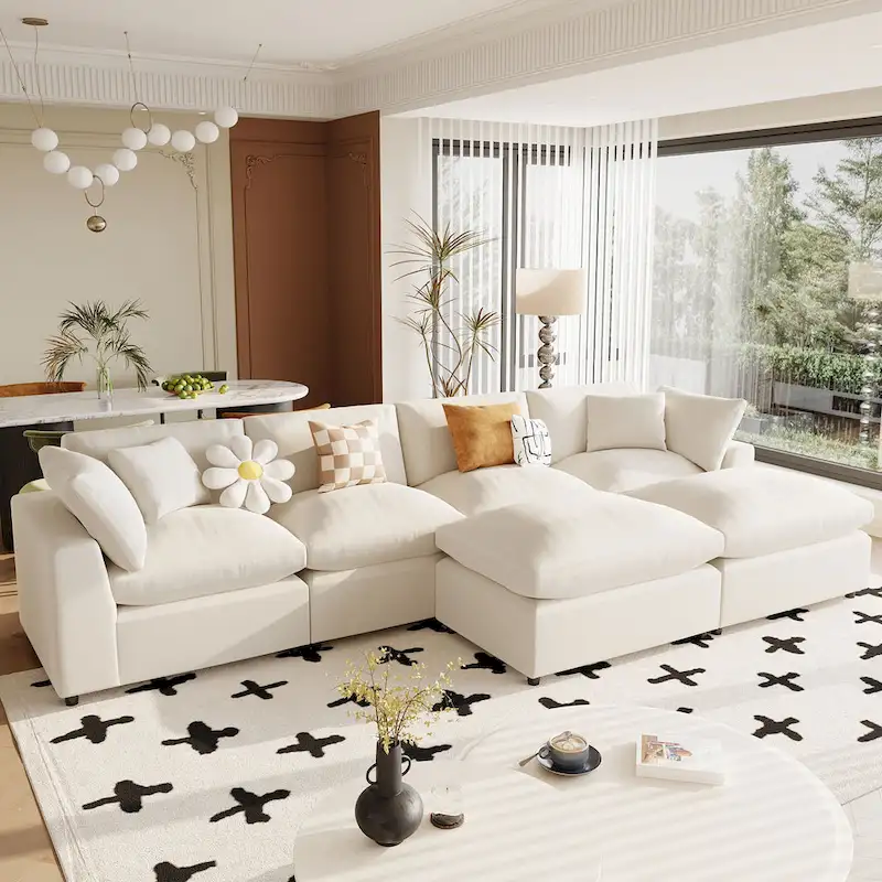 134.40 Modern U-Shaped 6 Seater Sectional Sofa with 2 Large Chaises, Removable Ottomans and Soft Cushions