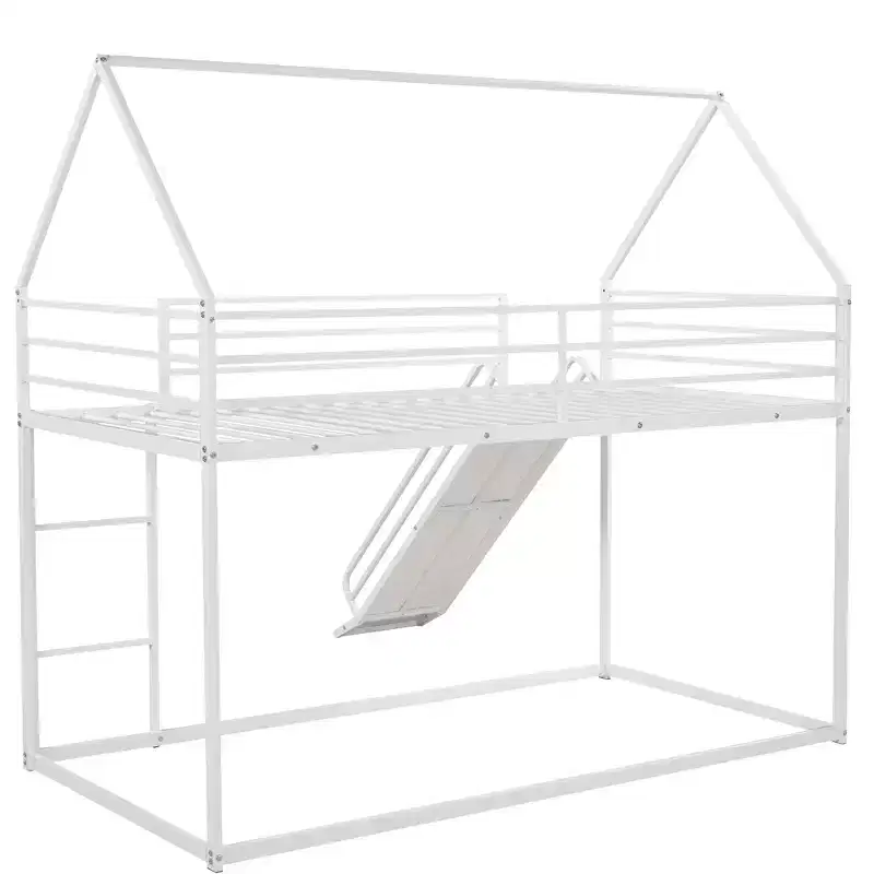 Twin over Twin Metal House Bunk Bed with Convertible Slide and Ladder