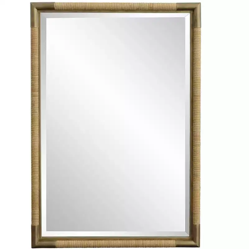 Uttermost Kampar Antiqued Gold and Rattan 22 x 32 Vanity Wall Mirror