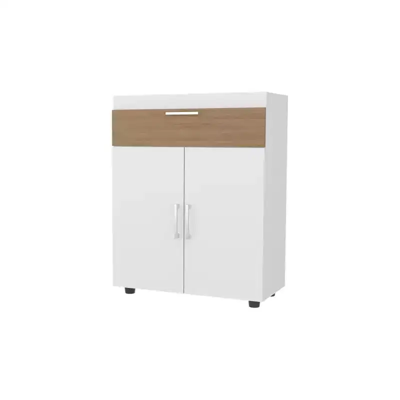 FM FURNITURE North Fork Shoe Rack, Pneumatic Lift-Up Compartment, Dual Doors, White and Natural Oak