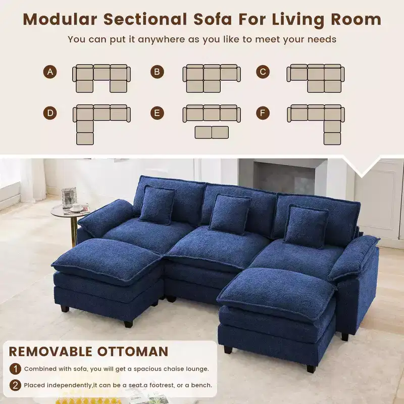 105.9 in. Chenille Fabric 5 seat Sectional Sofa with 2 Ottomans in Dark Blue