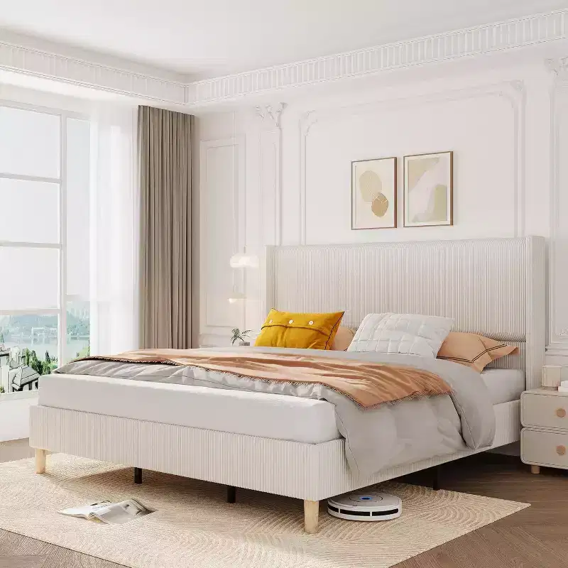Corduroy Upholstered Platform Bed with Wingback Headboard, Wood Slats, No Box Spring Needed