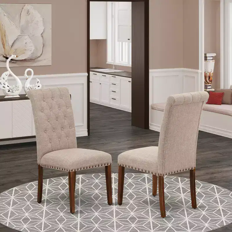 HomeStock Bremond Parson Dining Chairs Button Tufted Nailhead Trim Light Tan Linen Fabric Set of 2 Mahogany