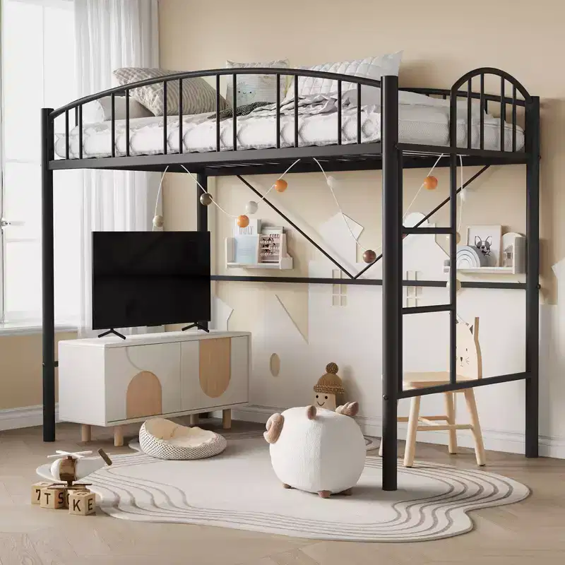 Modern Space-Saving Twin Metal Loft Bed Frame  Heavy Duty, Arched Guardrail, Safety Ladder, No Box Seasonal Needed  Matte Black or Gray
