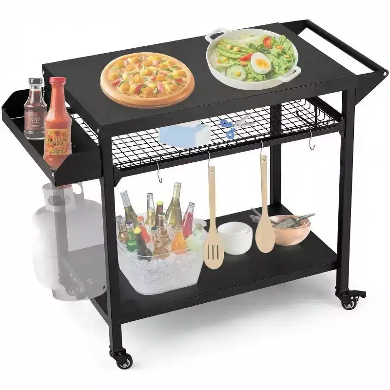 Outdoor Grill Cart with Wheels  Heavy Duty Steel Prep Table, Shelves, Hooks and Gas Stand  for Pizza Oven and BBQ  Ideal for Camping and Garden