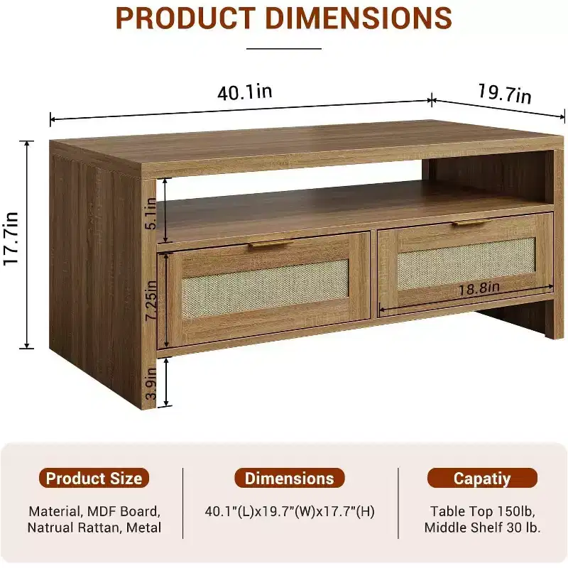Acekool Bohemian Chic Oak Coffee Table, Rattan Drawers, Gold Handles, 2-Drawer Storage, Modern Mid-Century, Vintage Brown