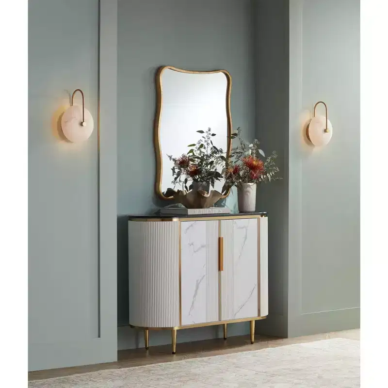 Modern White Oval Console Table 38 1/4 x 15 1/4 with Storage Black Marble Tabletop for Living Room Home