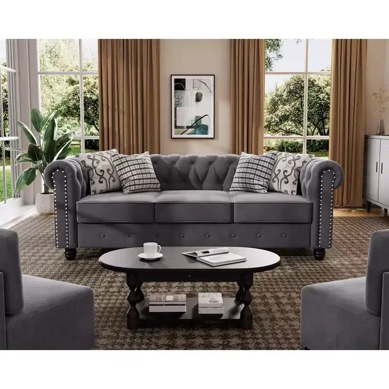82 in. Chesterfield Rolled Arm Couch 3-Seater Removable Cushions Sofa in Gray-Morden Fort