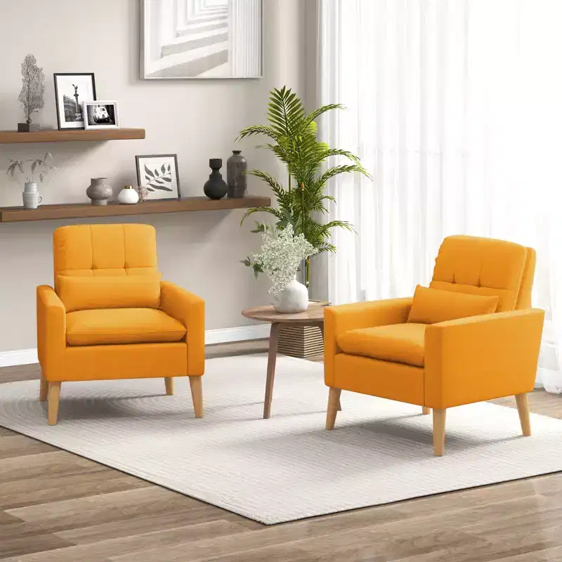 Upholstered Tufted Accent Armchair with Lumbar Pillow and Rubber Wood Legs, Set of 2