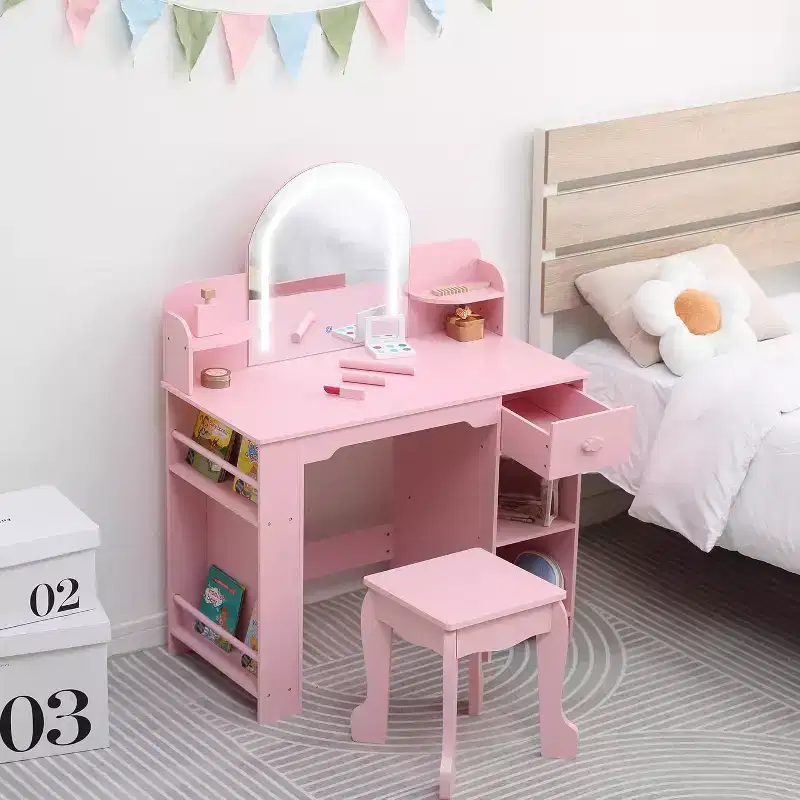 Girl Vanity with Lights,Kid Vanity Table and Chair Set for Princess,Toddler Makeup Vanity Desk with Open Bookshelf,Storage Cabinet&Side Shelves