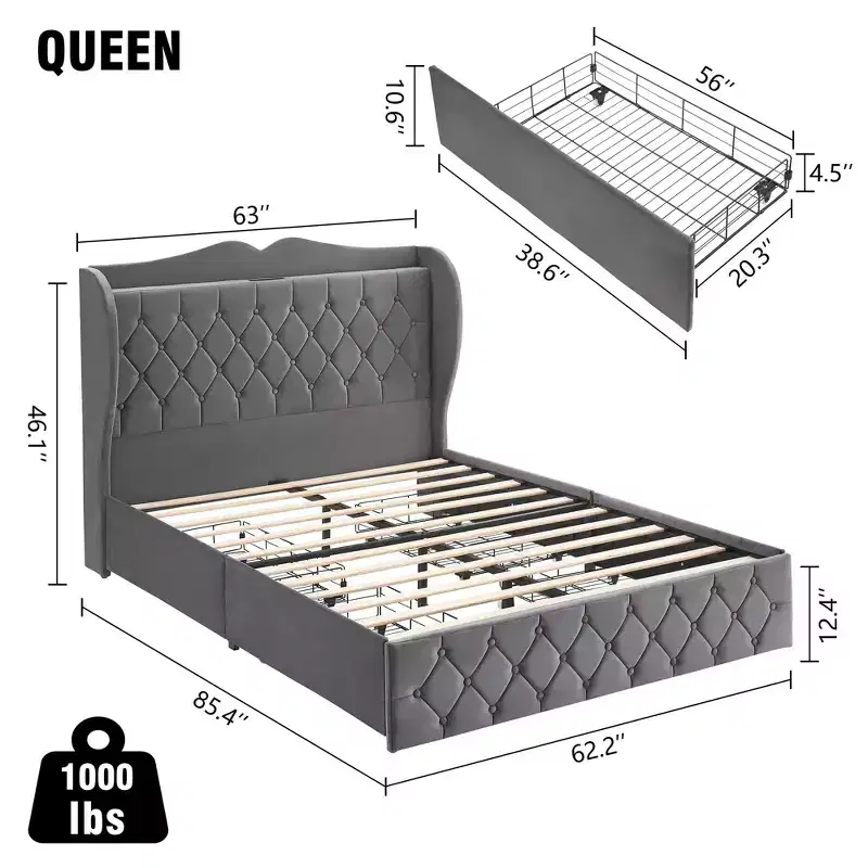 Acekool Velvet Upholstered Bed Frame with 4 Storage Drawers & Charging Station, Diamond Button-Tufted Design