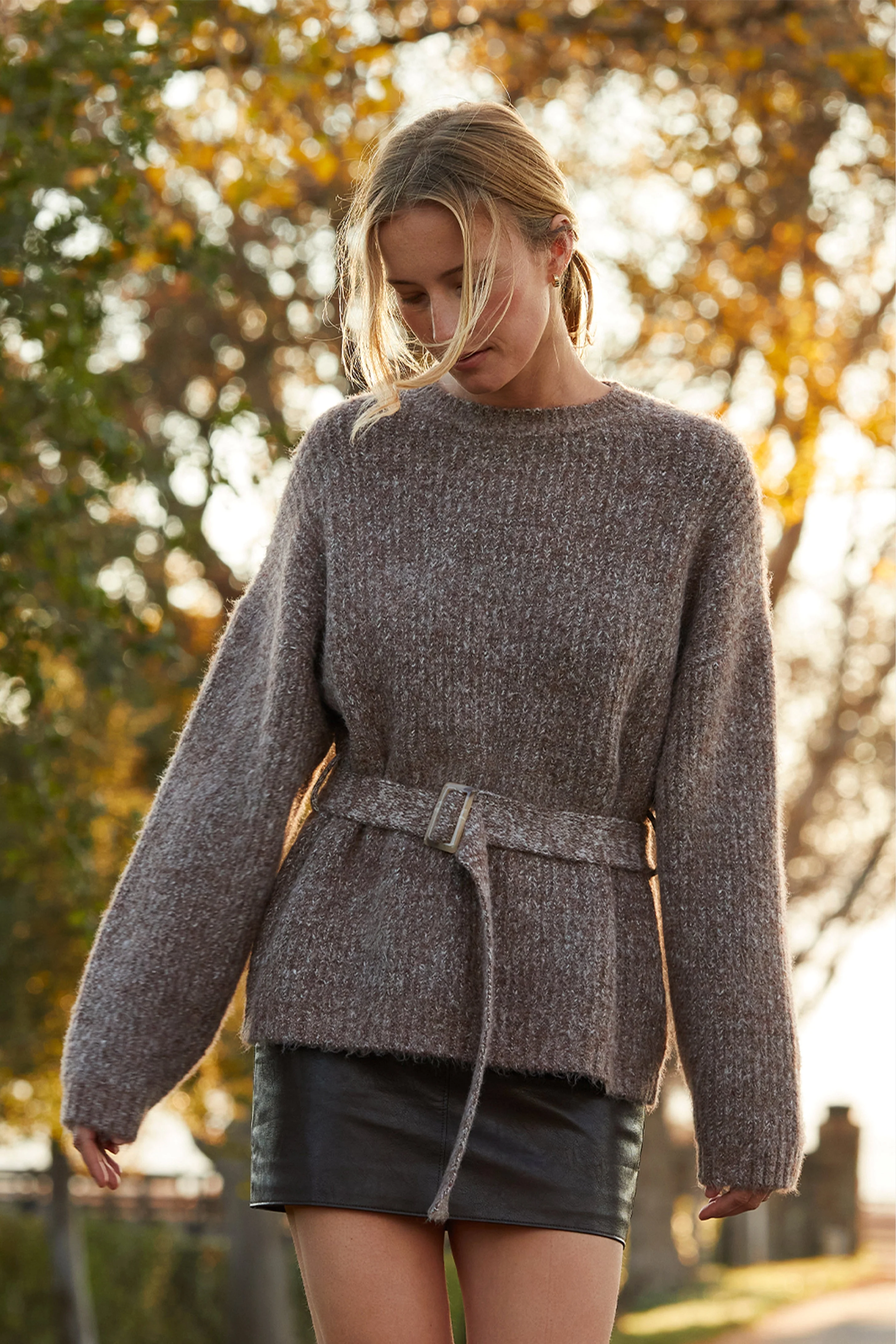 Belted Tunic Sweater with Drop Shoulders and Adjustable Waist Belt