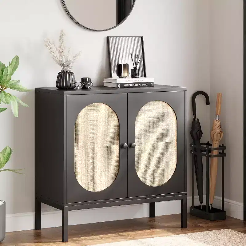 Rattan Buffet Cabinet with Adjustable Shelf, Farmhouse Boho Sideboard for Dining Room, Entryway & Living Room Storage