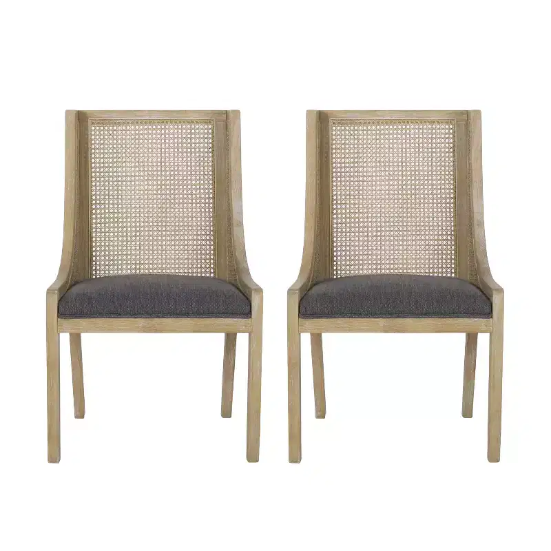 GDFStudio Rustic Fabric Upholstered Wood and Cane Dining Chairs (Set of 2)