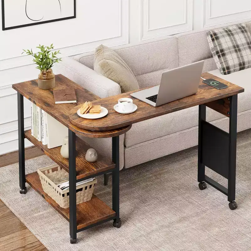 Sofa Table 360Rotating Tabletop End Table, 2-Tier Side Table with Charging Station and Side Storage Pocket for Living Room, Bedroom & Entryway