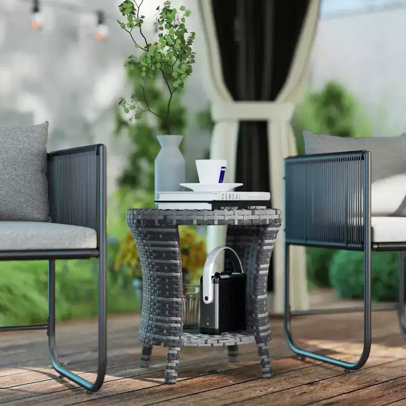 18 Wicker Outdoor Coffee Table, PE Rattan Patio Side Table with 2-Tier Storage, Composite Wood Top