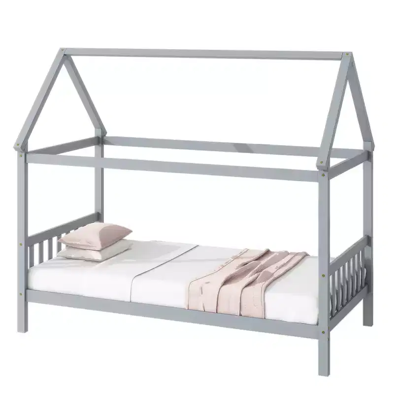MAYEERTY Twin Rubber Wood Bed with House Frame Gray