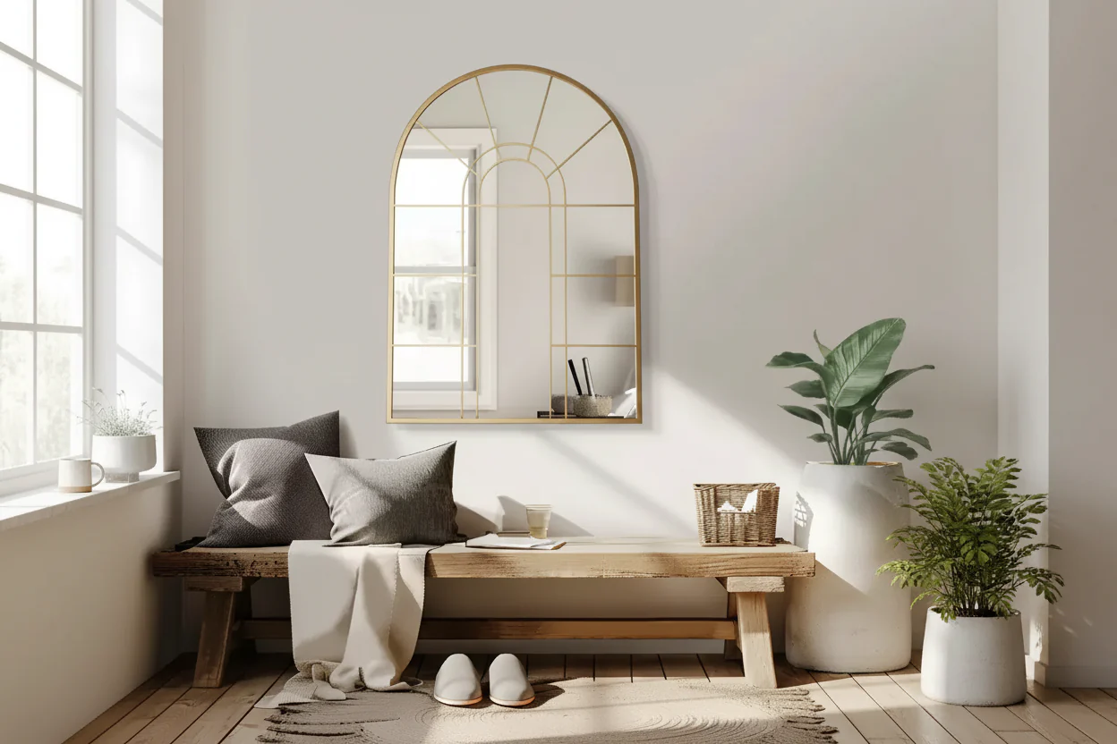 Iron Art Right Angle Double Arch Golden Grid Wall Mirror 105*70*2cm