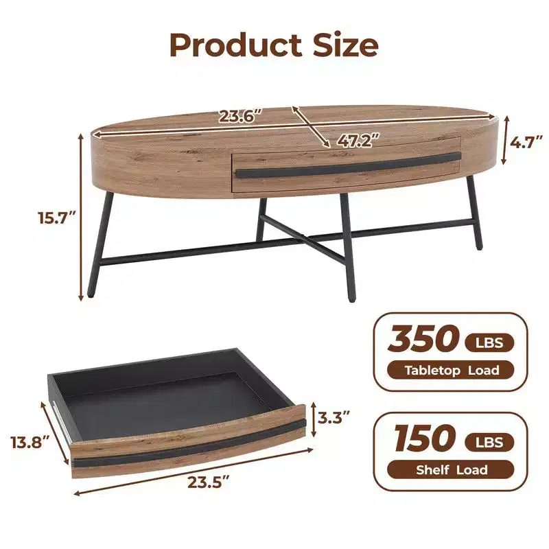 Oval Coffee Table with Drawer, 47.2 Mid-Century Modern Wooden Center Table with Storage