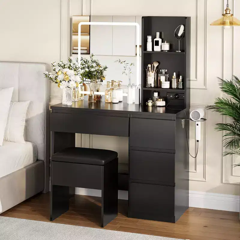 Vanity Desk with Mirror, Adjustable LED Lights, 4 Drawers, Power Outlet, Storage Stool, Shelves, Hair Dryer Holder, Makeup Table for Bedroom, Black