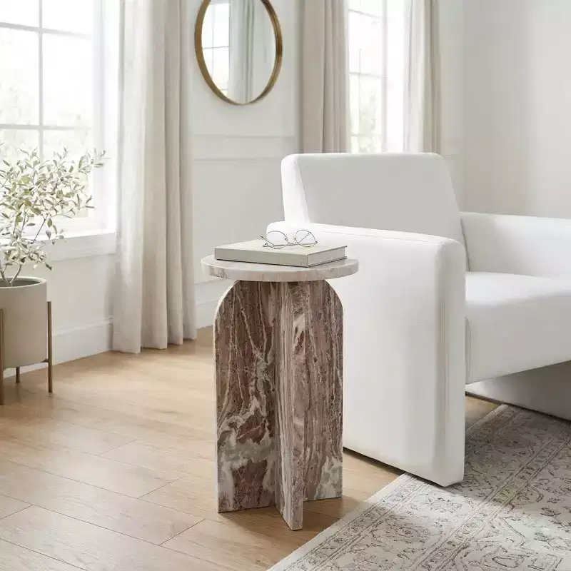 Home Decor End Table, Side Table, or Night Stand - Marble Bedside Table with Round Agate Top Ideal for Big or Small Spaces