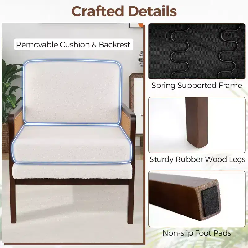 Costway Mid Century Modern Accent Chair Living Room Armchair with Rattan Arms Wooden Frame Brown/Natural