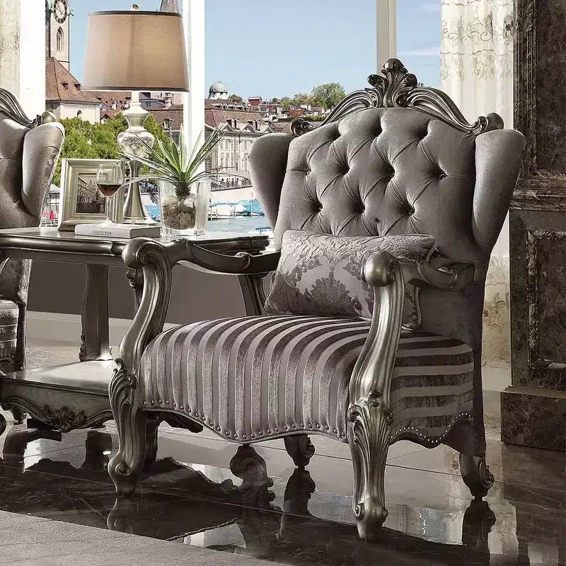 Versailles Chair with 1 Pillow Velvet/Antique Platinum Finish - Acme Furniture