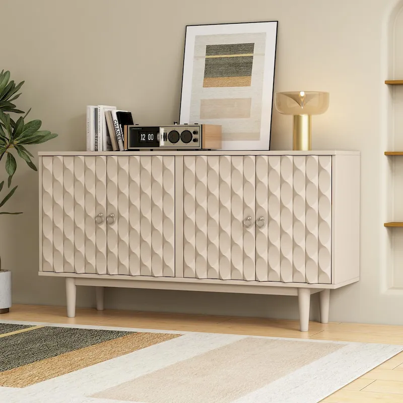 4-Door Sideboard with Convex Pattern Doors, Silver Handles