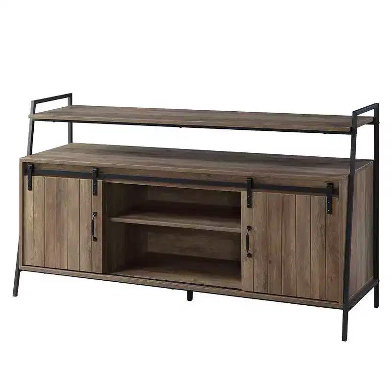 60" Rashawn TV Stand for TVs up to 58" Rustic Oak/Black Finish - Acme Furniture: Industrial Style with Sliding Barn Doors & Open Shelf